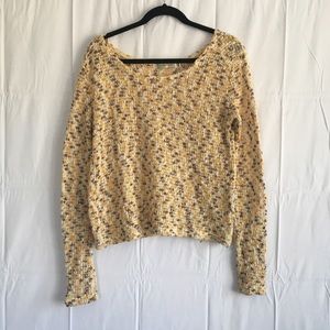 MinkPink Textured Semi Sheer Off The Shoulder Sweater. Small.Creme/brown/yellow